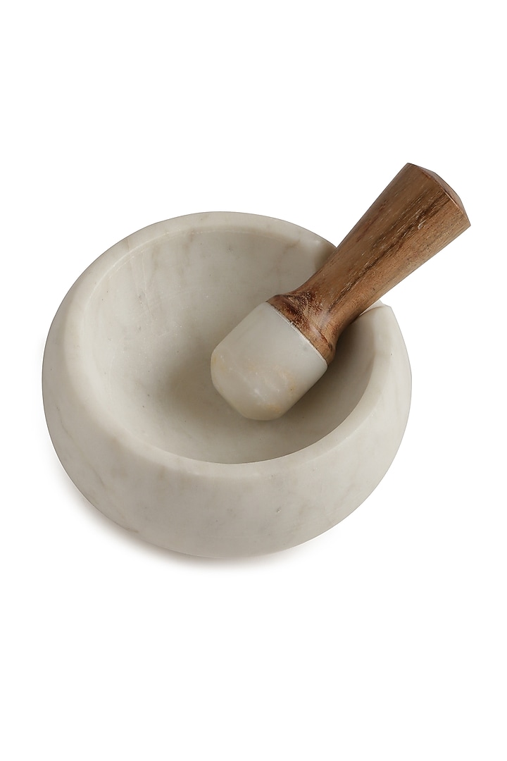 White Marble Mortar & Pestle With Wooden Handle by Amoliconcepts at Pernia's Pop Up Shop