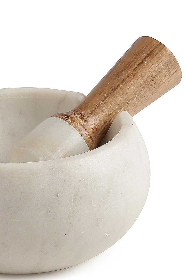 White Marble Mortar & Pestle With Wooden Handle by Amoliconcepts at Pernia's Pop Up Shop