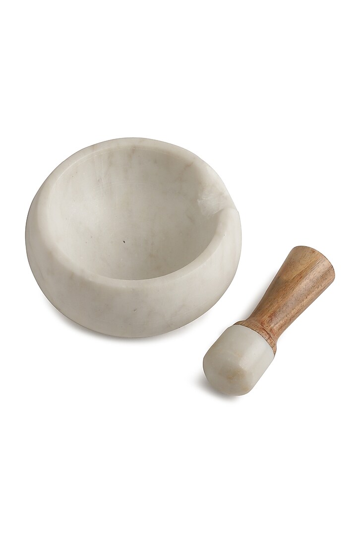 White Marble Mortar & Pestle With Wooden Handle by Amoliconcepts at Pernia's Pop Up Shop