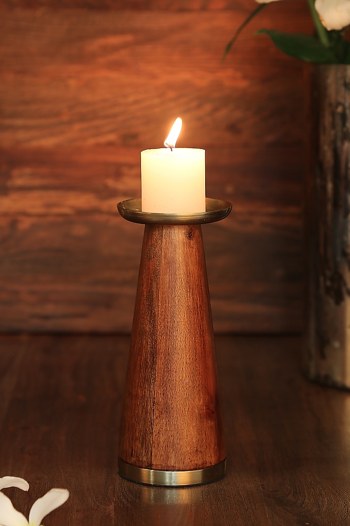 Wooden Pillar Candle Holder With Brass Top (Set of 2) by Amoliconcepts
