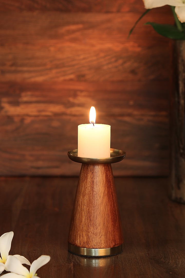 Wooden Pillar Candle Holder With Brass Top (Set of 2) by Amoliconcepts at Pernia's Pop Up Shop