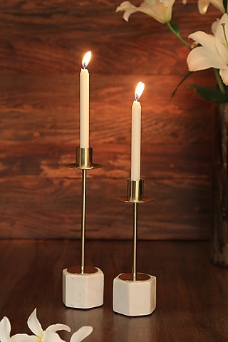 Marble & Gold Tone Taper Candle Holder (Set of 2) by Amoliconcepts