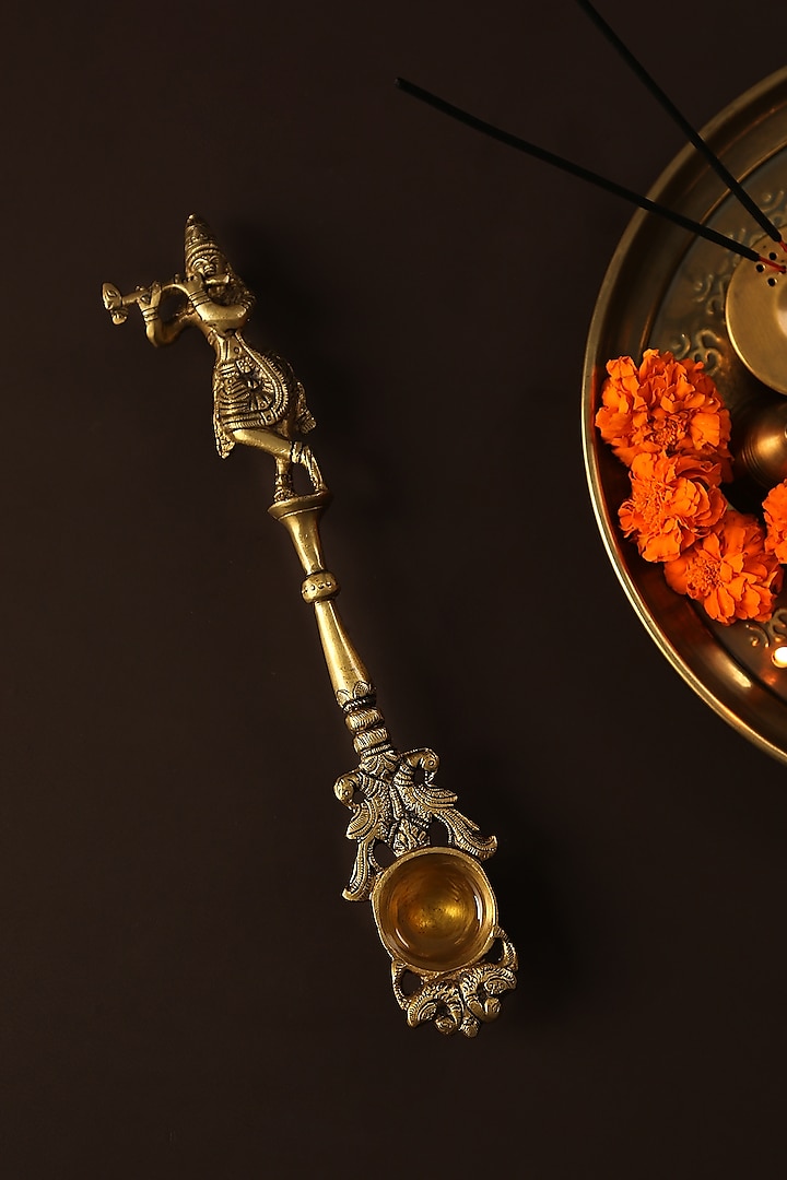 Krishna Idol Carved Brass Havan Spoon by Amoliconcepts