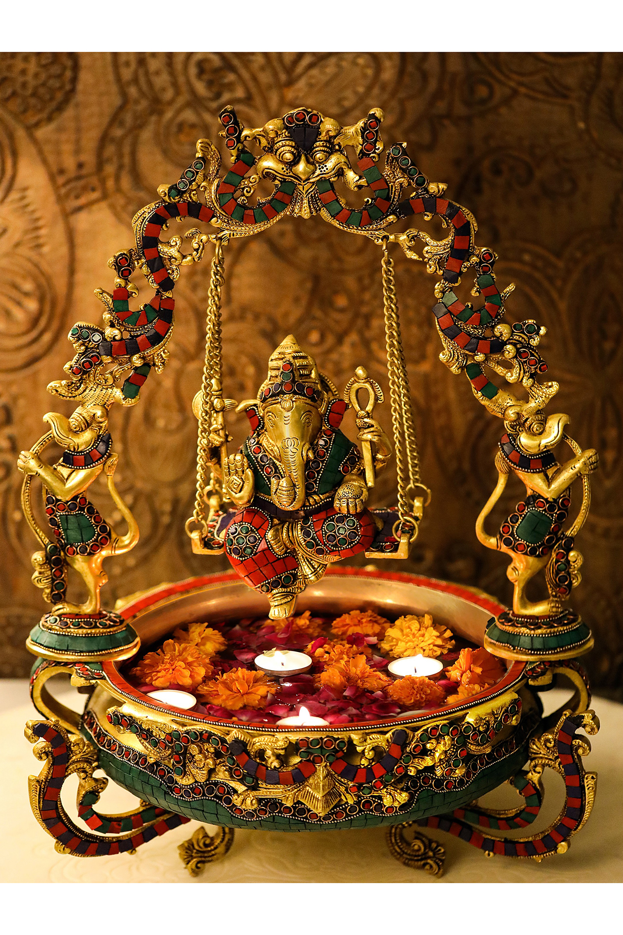 Brass & Stone Ganesh Jhula Urli by Amoliconcepts