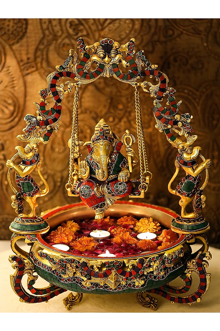Brass & Stone Ganesh Jhula Urli by Amoliconcepts