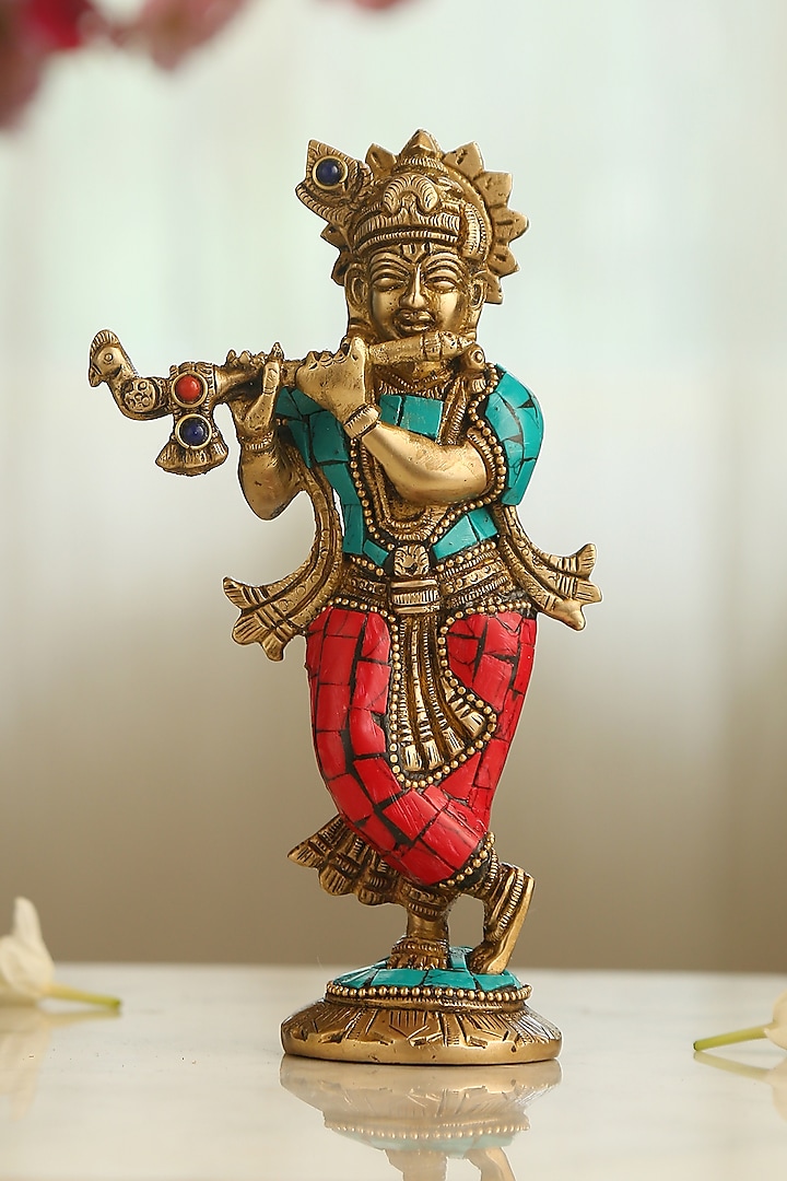 Antique Gold Brass Stone Work Handcrafted Krishna Idol by Amoliconcepts at Pernia's Pop Up Shop