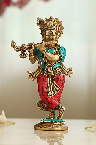 Antique Gold Brass Stone Work Handcrafted Krishna Idol by Amoliconcepts