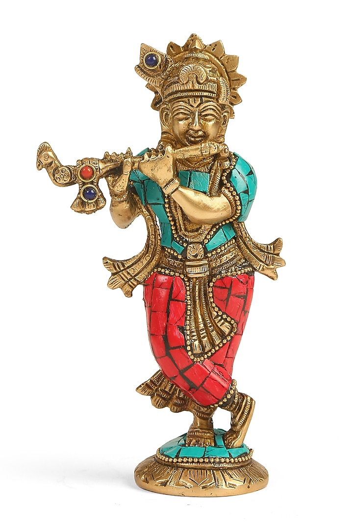 Antique Gold Brass Stone Work Handcrafted Krishna Idol by Amoliconcepts at Pernia's Pop Up Shop