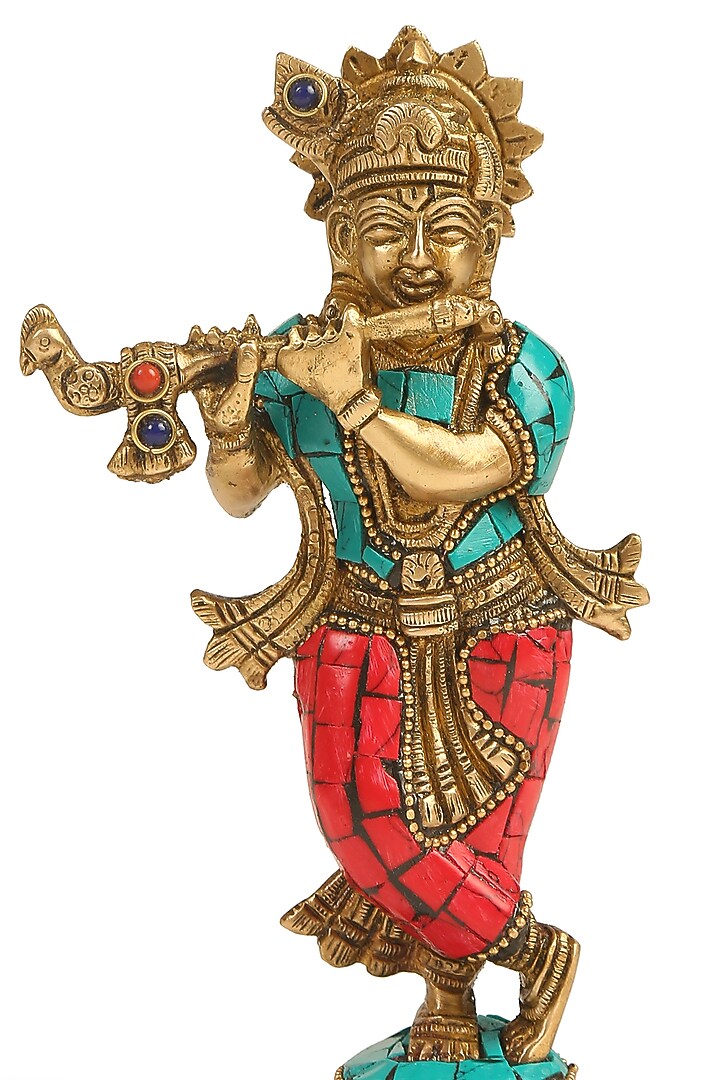 Antique Gold Brass Stone Work Handcrafted Krishna Idol by Amoliconcepts at Pernia's Pop Up Shop