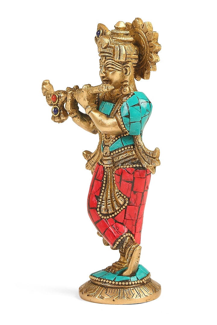 Antique Gold Brass Stone Work Handcrafted Krishna Idol by Amoliconcepts at Pernia's Pop Up Shop