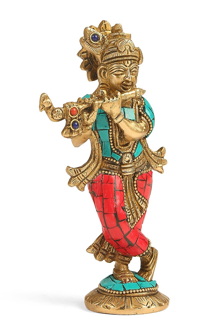 Antique Gold Brass Stone Work Handcrafted Krishna Idol by Amoliconcepts at Pernia's Pop Up Shop