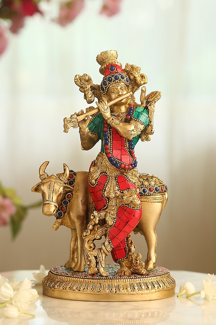 Antique Gold Brass Handcrafted Krishna With Cow Idol by Amoliconcepts at Pernia's Pop Up Shop