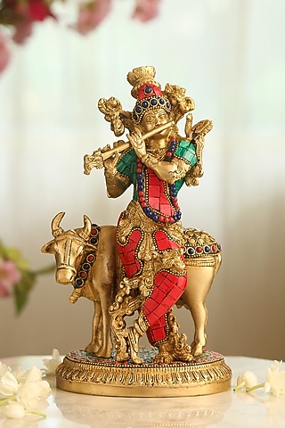 Antique Gold Brass Handcrafted Krishna With Cow Idol by Amoliconcepts