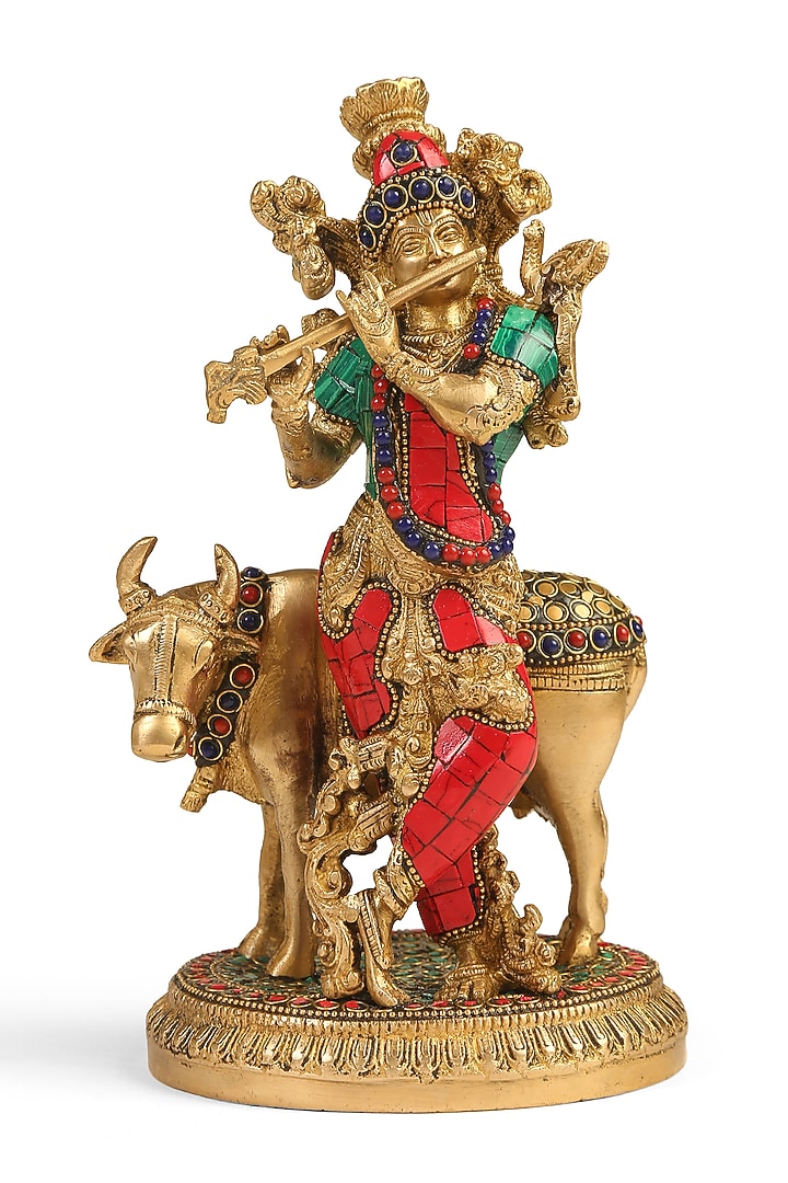 Antique Gold Brass Handcrafted Krishna With Cow Idol by Amoliconcepts at Pernia's Pop Up Shop