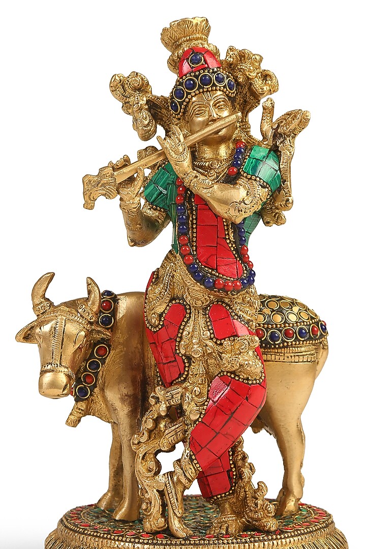 Antique Gold Brass Handcrafted Krishna With Cow Idol by Amoliconcepts at Pernia's Pop Up Shop
