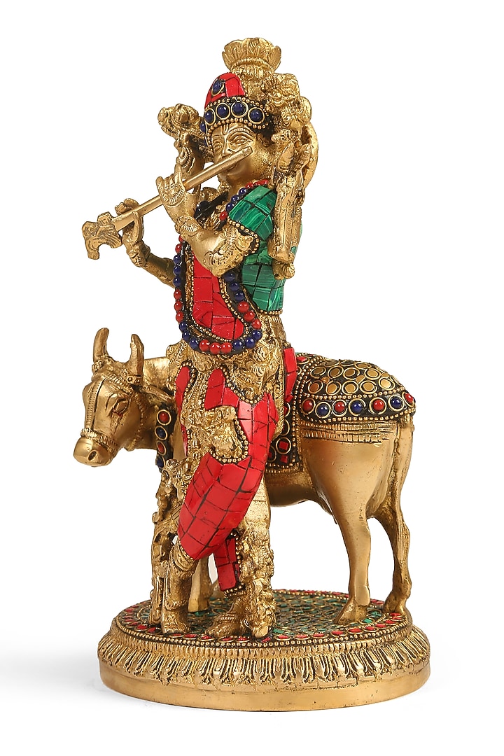 Antique Gold Brass Handcrafted Krishna With Cow Idol by Amoliconcepts at Pernia's Pop Up Shop