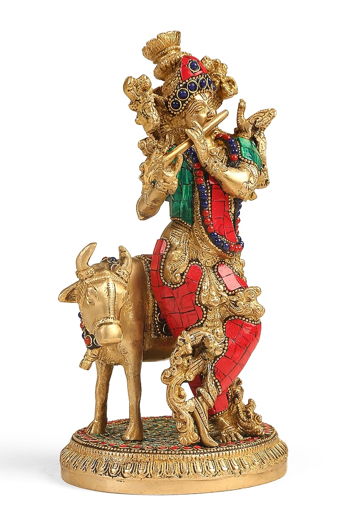Antique Gold Brass Handcrafted Krishna With Cow Idol by Amoliconcepts at Pernia's Pop Up Shop