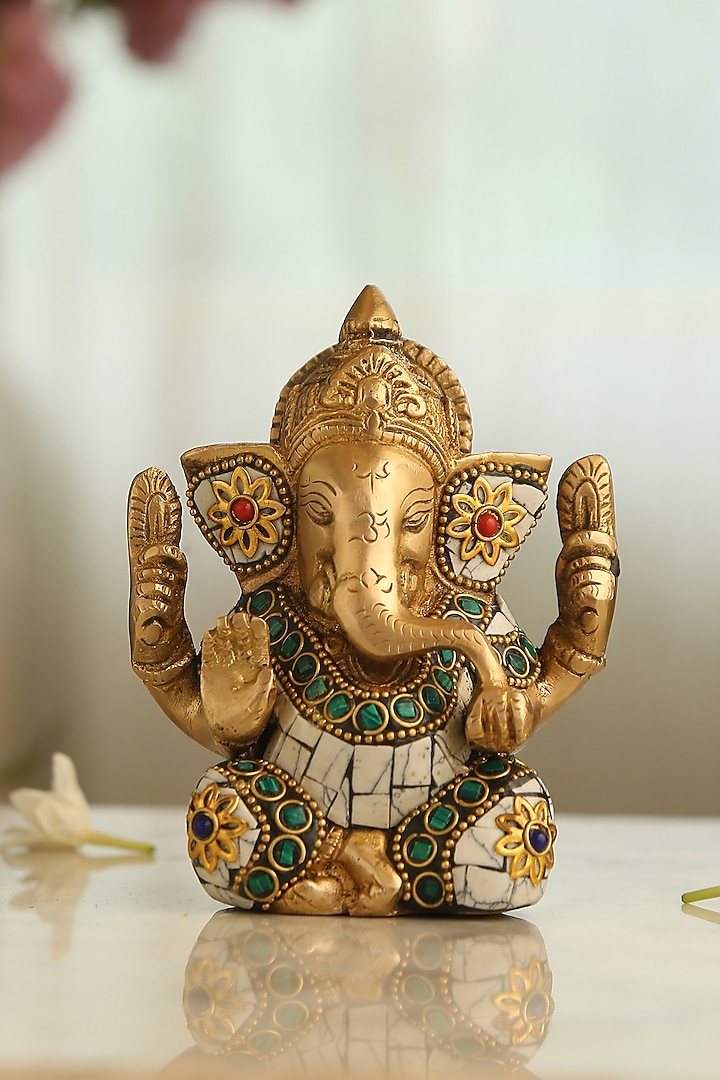 Antique Gold Brass Stone Work Handcrafted Ganesha Idol by Amoliconcepts at Pernia's Pop Up Shop