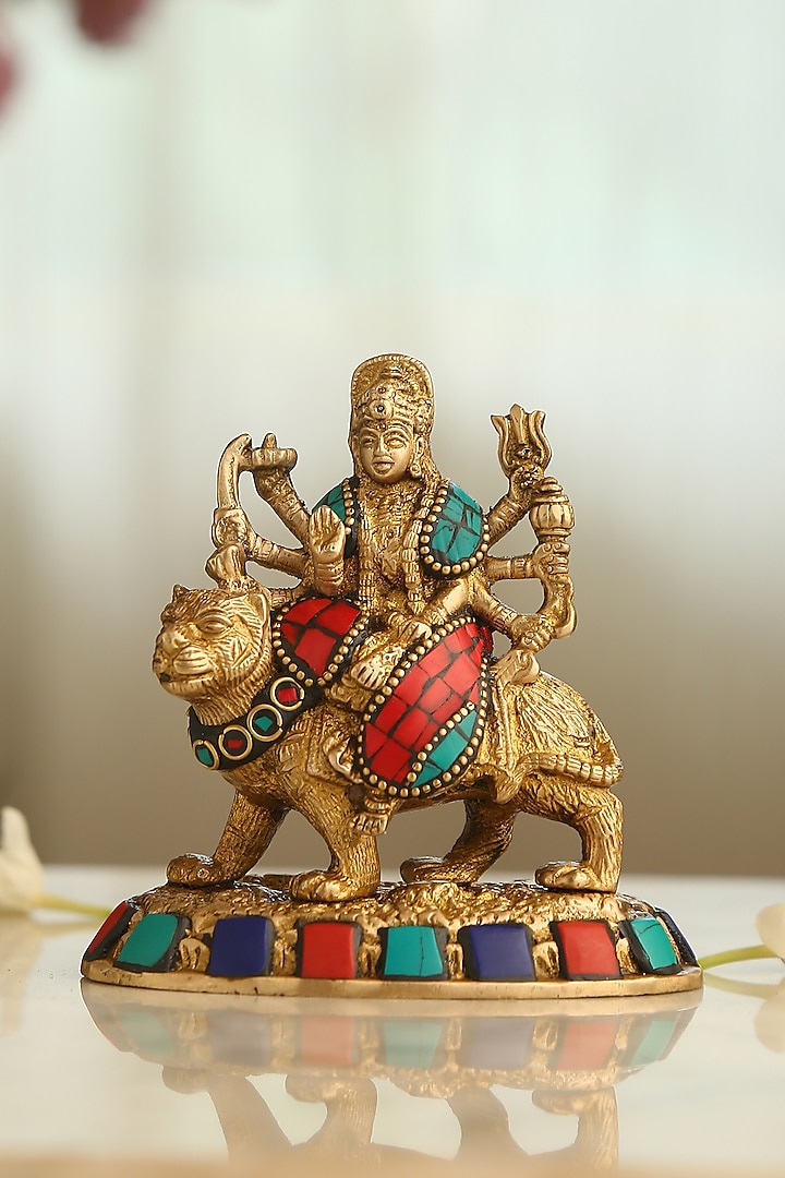 Antique Gold Brass Stone Work Handcrafted Durga Maa Idol by Amoliconcepts at Pernia's Pop Up Shop