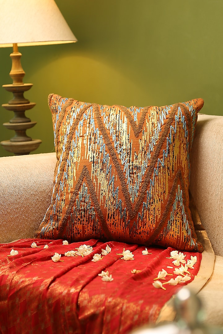 Mustard & Blue Embroidered Cushion Cover by Amoliconcepts