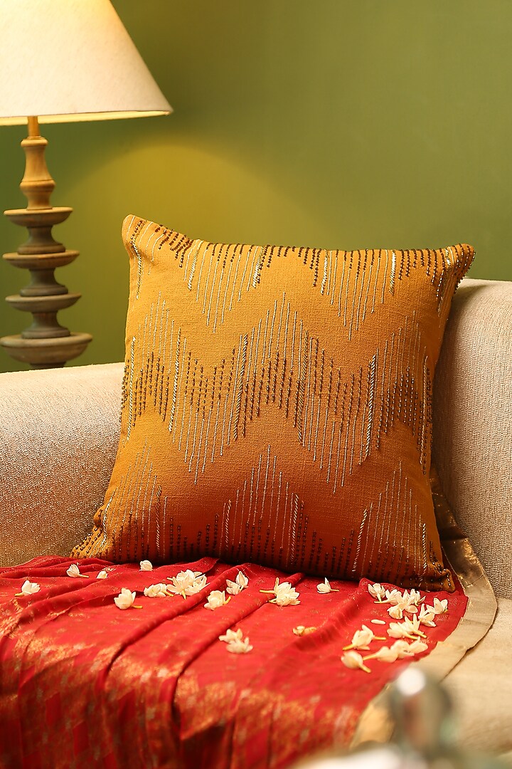 Mustard Hand Beaded Cushion Cover by Amoliconcepts at Pernia's Pop Up Shop