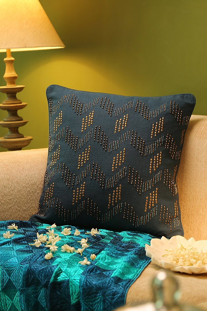 Blue Cotton Embroidered Cushion Cover by Amoliconcepts