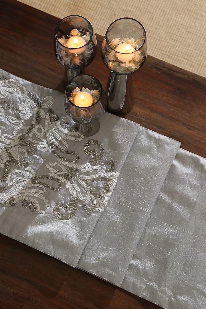Silver Polyester Beaded Table Runner by Amoliconcepts