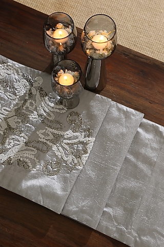 Silver Polyester Beaded Table Runner by Amoliconcepts
