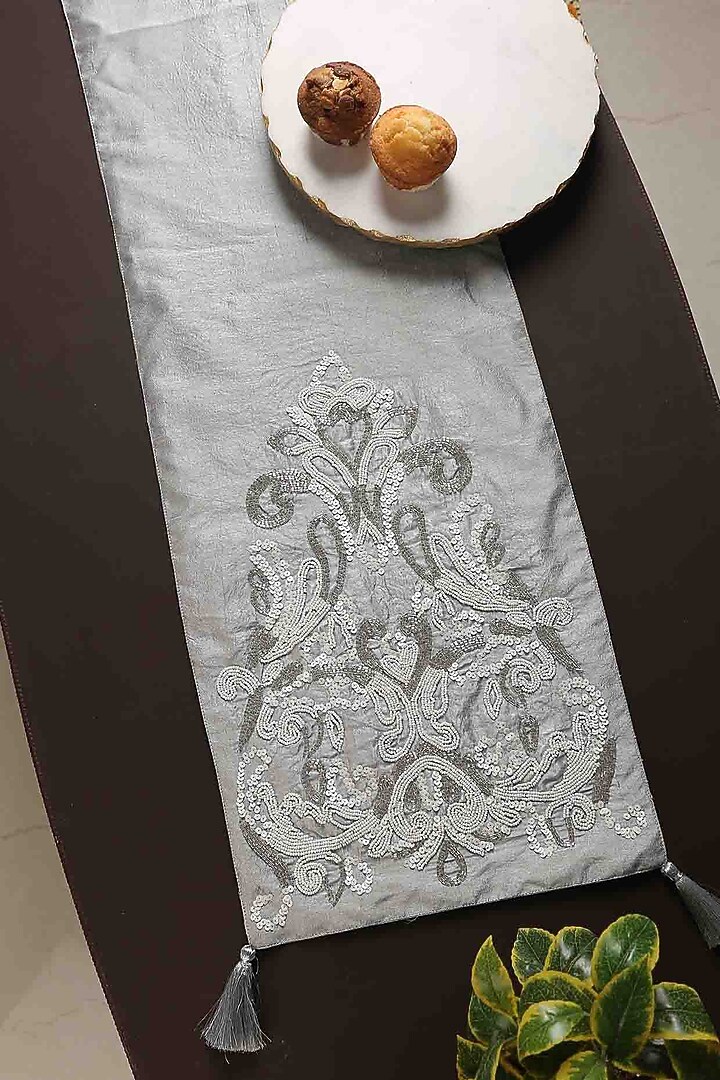 Silver Polyester Beaded Table Runner by Amoliconcepts at Pernia's Pop Up Shop