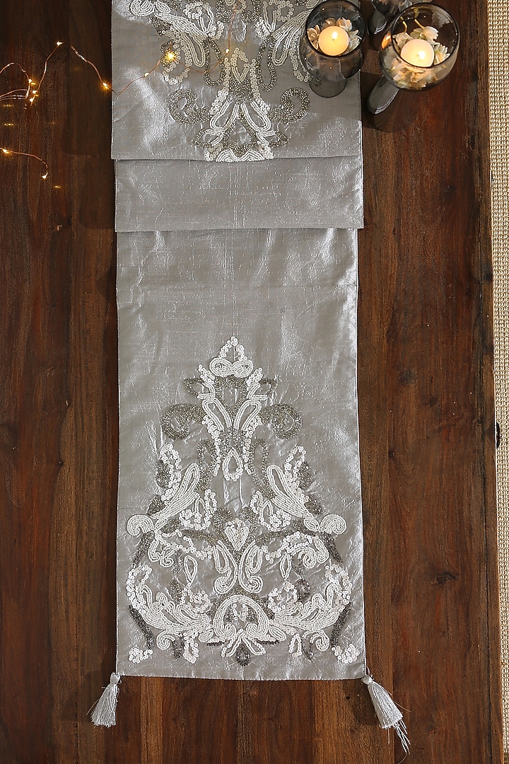 Silver Polyester Beaded Table Runner by Amoliconcepts at Pernia's Pop Up Shop