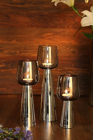 Smokey Grey Glass Hurricane (Set of 3) by Amoliconcepts