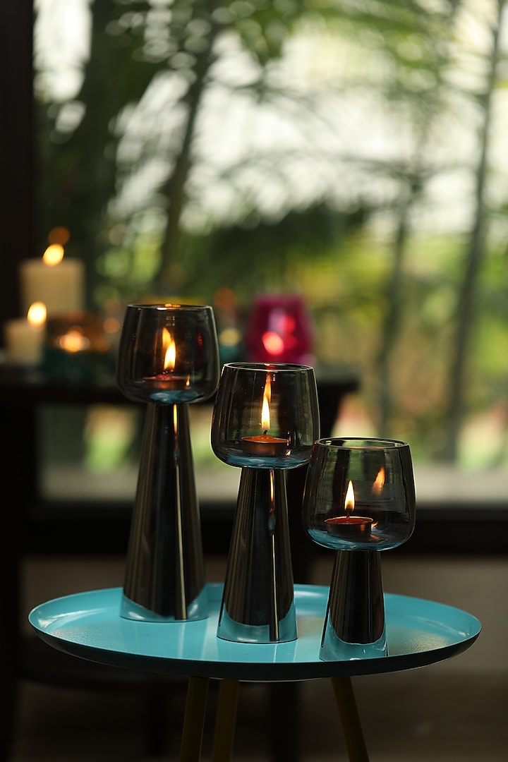 Smokey Grey Glass Hurricane (Set of 3) by Amoliconcepts at Pernia's Pop Up Shop