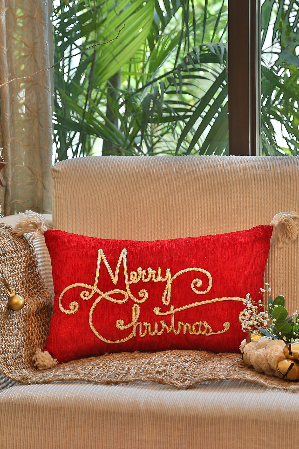 Merry Christmas Embroidered Cushion Cover by Amoliconcepts