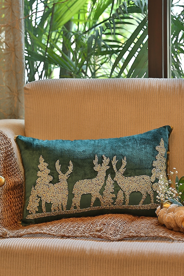Green Reindeer Embellished Cushion Cover by Amoliconcepts