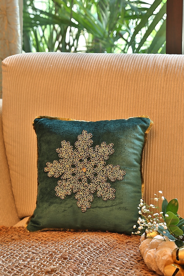 Green Snowflake Beaded Cushion Cover by Amoliconcepts
