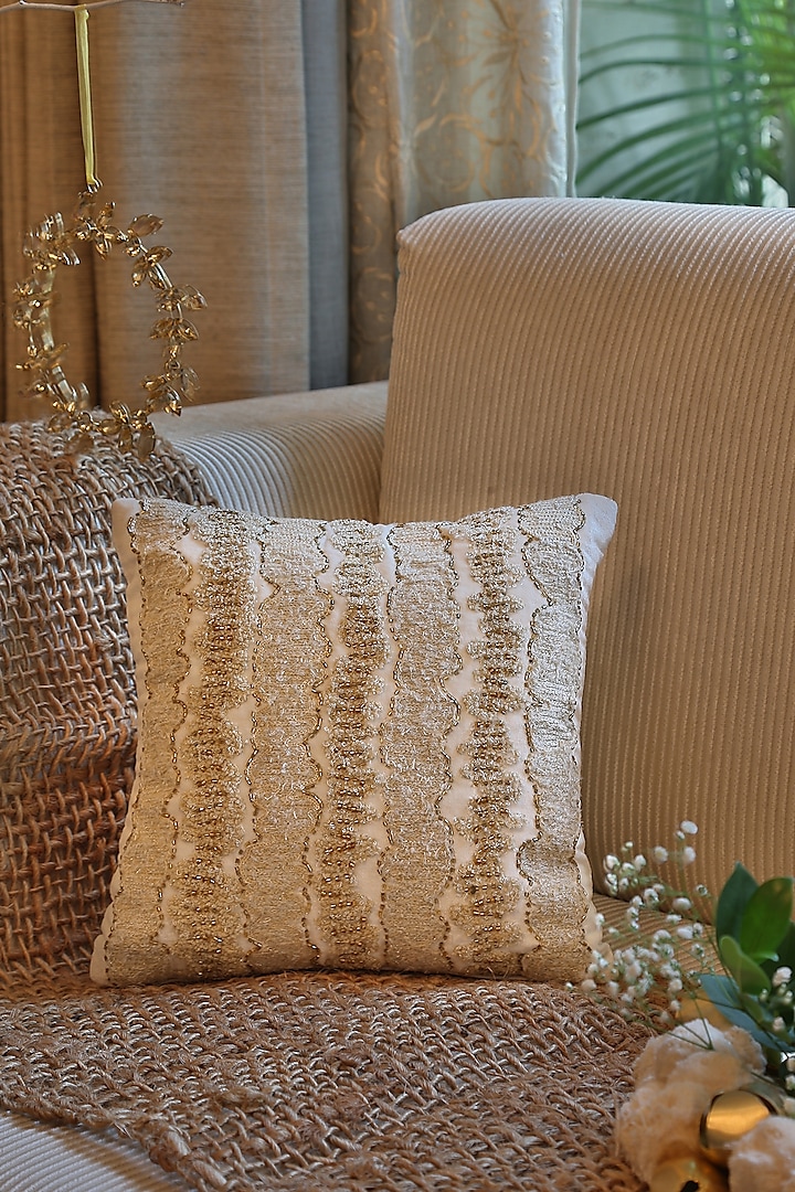 Ivory Embroidered Cushion Cover by Amoliconcepts