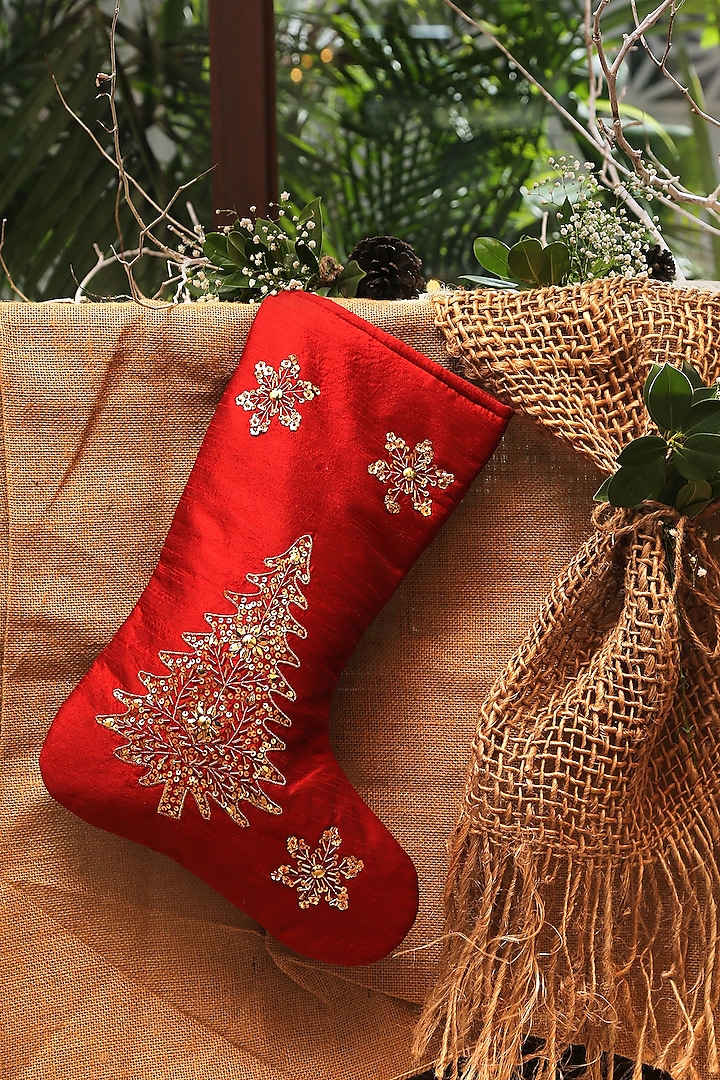 Red & Golden Embellished Christmas Stocking by Amoliconcepts