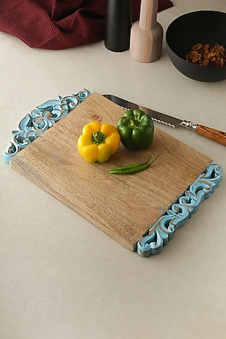 Natural & Turquoise Blue Mango Wood Cheese Board by Amoliconcepts