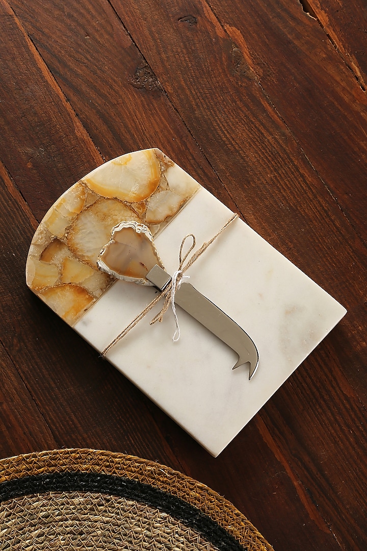 Natural White Agate & Marble Cheese Board With Knife by Amoliconcepts