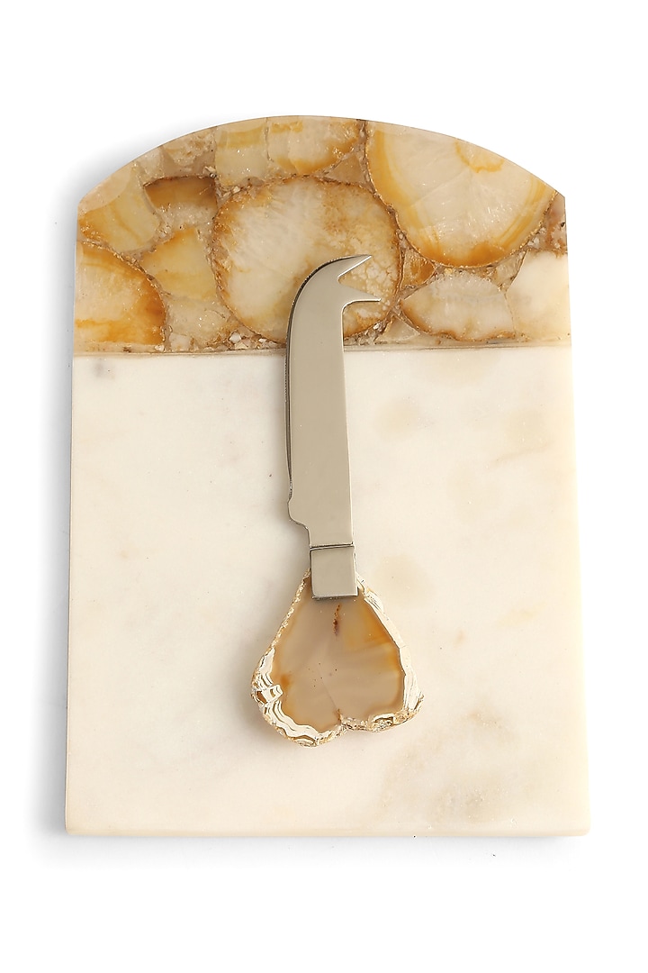 Natural White Agate & Marble Cheese Board With Knife by Amoliconcepts at Pernia's Pop Up Shop