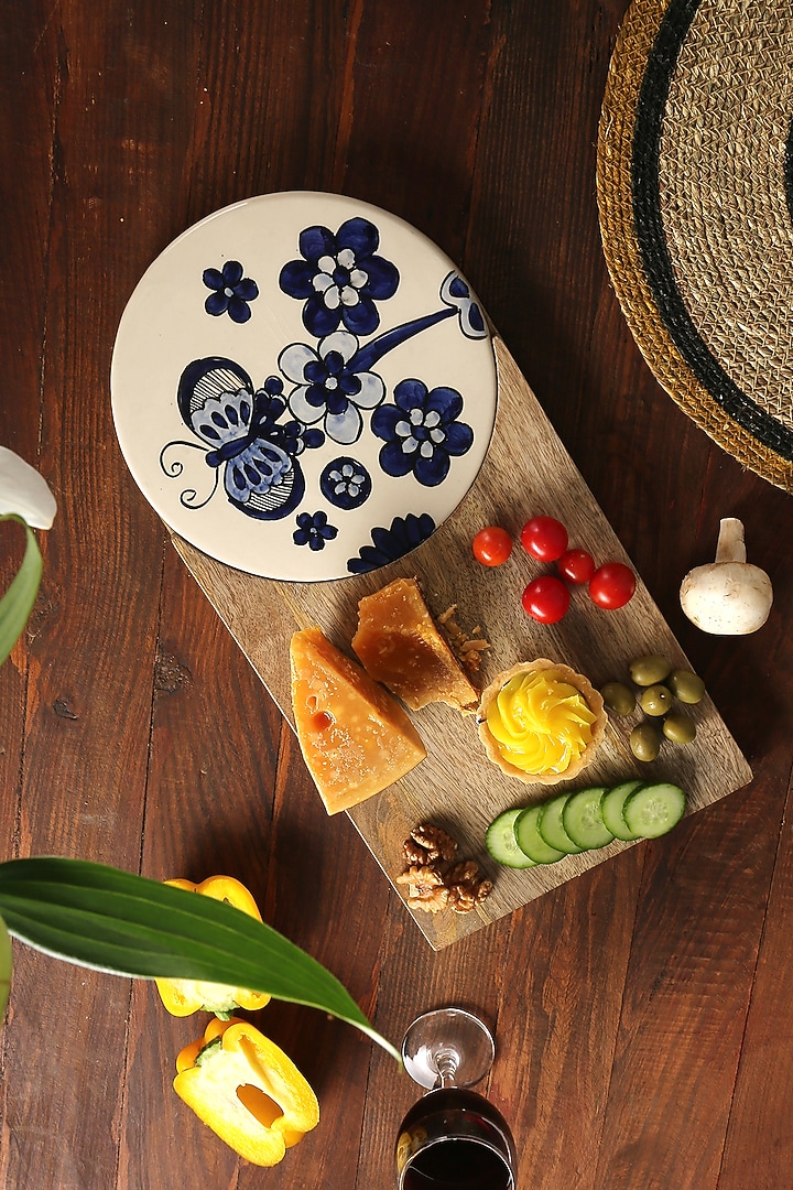 Blue Natural Mango Wood & Ceramic Hand Painted Cheese Board by Amoliconcepts at Pernia's Pop Up Shop