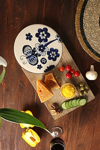 Blue Natural Mango Wood & Ceramic Hand Painted Cheese Board by Amoliconcepts