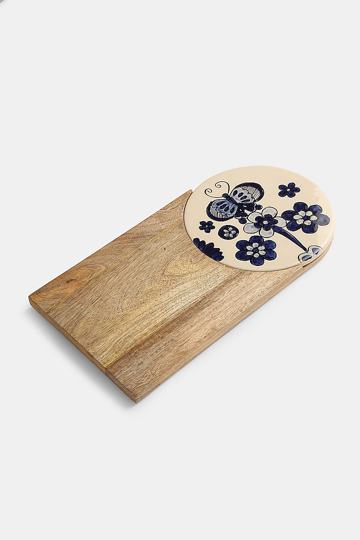 Blue Natural Mango Wood & Ceramic Hand Painted Cheese Board by Amoliconcepts at Pernia's Pop Up Shop