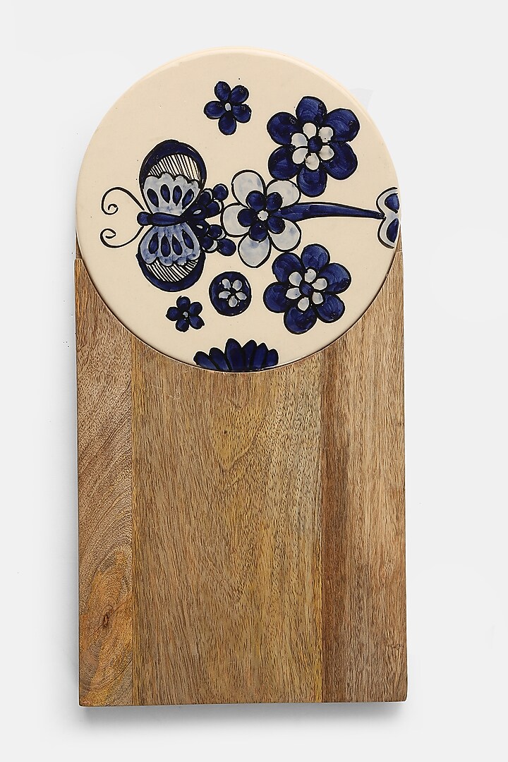 Blue Natural Mango Wood & Ceramic Hand Painted Cheese Board by Amoliconcepts at Pernia's Pop Up Shop