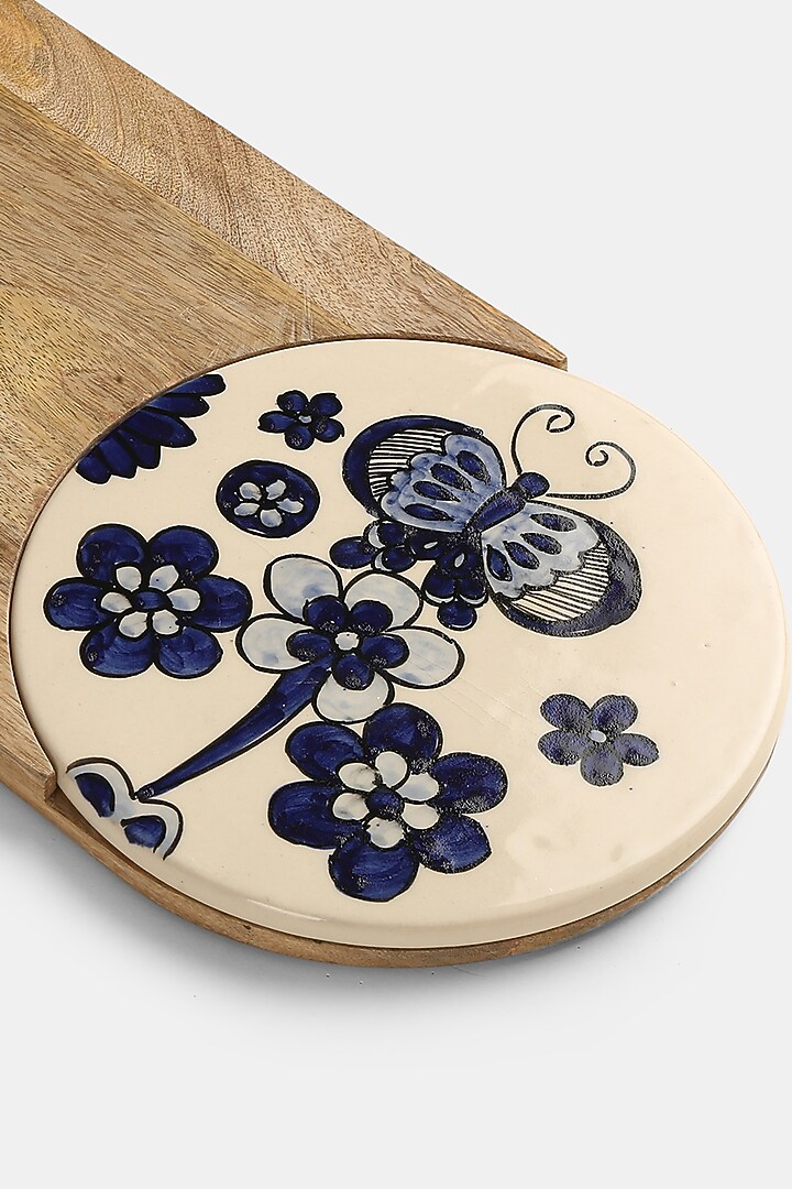 Blue Natural Mango Wood & Ceramic Hand Painted Cheese Board by Amoliconcepts at Pernia's Pop Up Shop