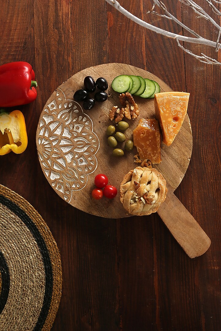 Natural & White Wash Mango Wood Floral Cheese Board by Amoliconcepts at Pernia's Pop Up Shop