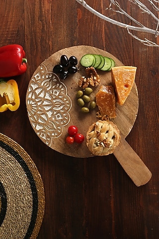 Natural & White Wash Mango Wood Floral Cheese Board by Amoliconcepts