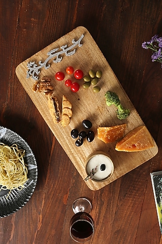 Natural & Silver Mango Wood Cheese Board With Bowl by Amoliconcepts