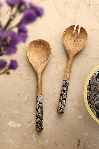 Blue & Multi-Colored Mango Wood Forest Design Decal Salad Server by Amoliconcepts