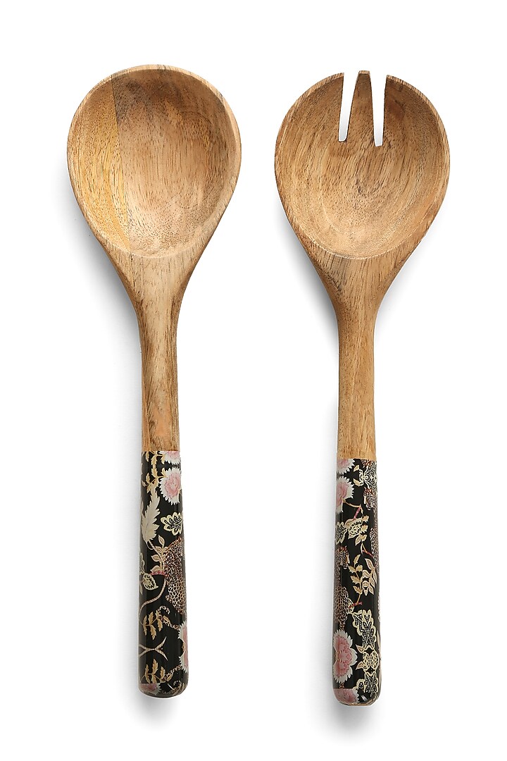 Blue & Multi-Colored Mango Wood Forest Design Decal Salad Server by Amoliconcepts at Pernia's Pop Up Shop